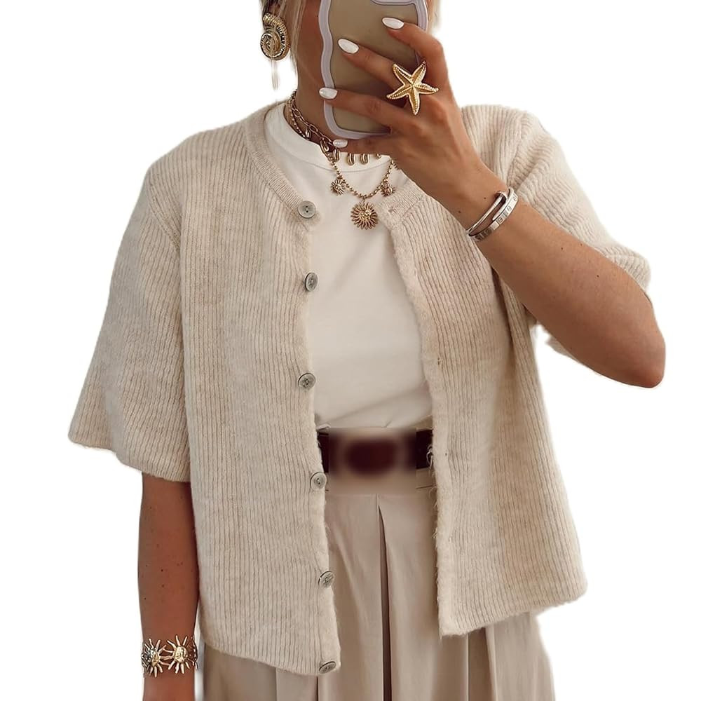 Women Knitted Button Down Short Sleeve Tops Y2K Solid Color Crew Neck Relaxed Sweater Cardigan Go... | Amazon (US)
