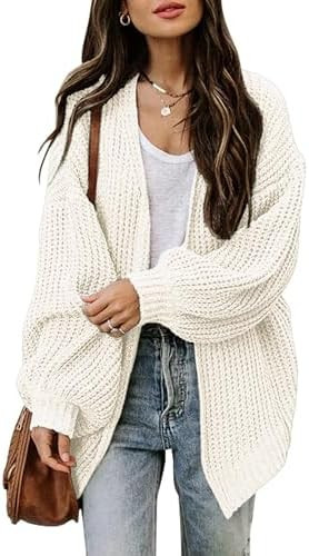 Jhsnjnr Womens Oversized Lantern Long Sleeve Sweaters Casual Chunky Knit Open Front Cardigan | Amazon (CA)