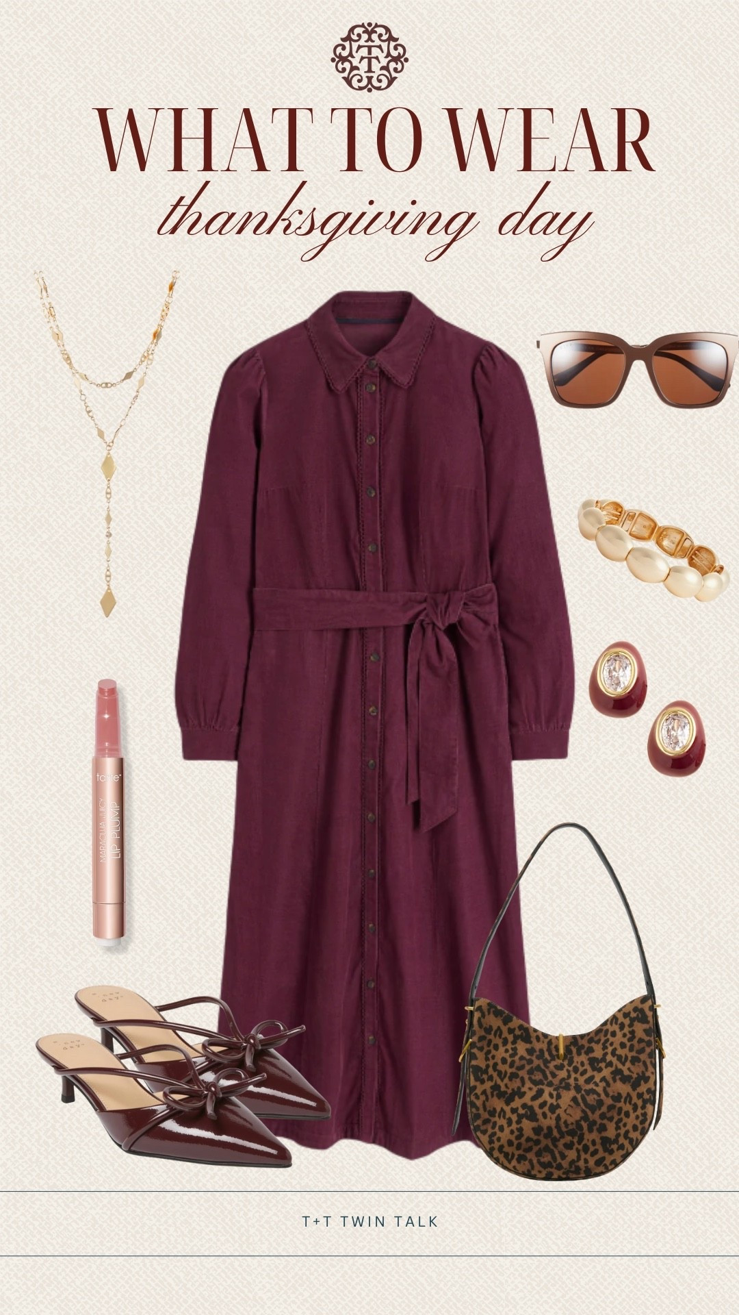 T+T, what to wear on Thanksgiving day! We love this deep plum long sleeve dress that we think is perfect for the occasion. We paired the look with a cheetah print bag, heel from Target, and various jewelry to complete the look. 

#LTKOver40 #LTKStyleTip #LTKMidsize