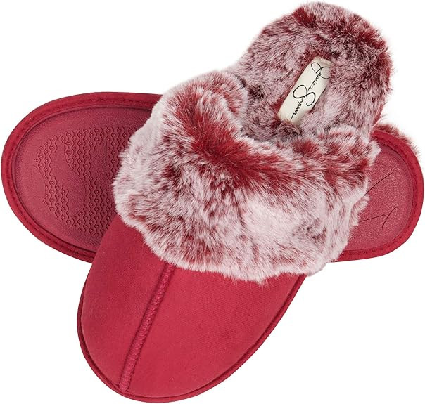 Jessica Simpson Women's Comfy Faux Fur House Slipper Scuff Memory Foam Slip on Anti-skid Sole | Amazon (US)