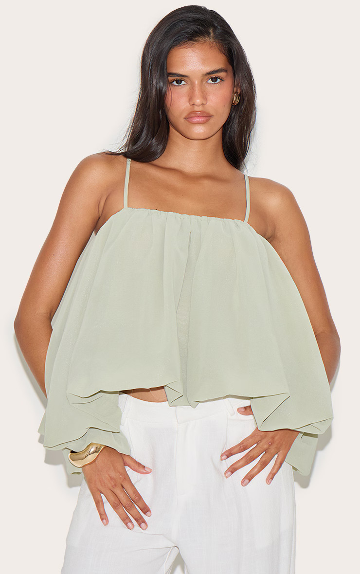 Sage Puffball Chiffon Spaghetti Strap Cami | PrettyLittleThing US