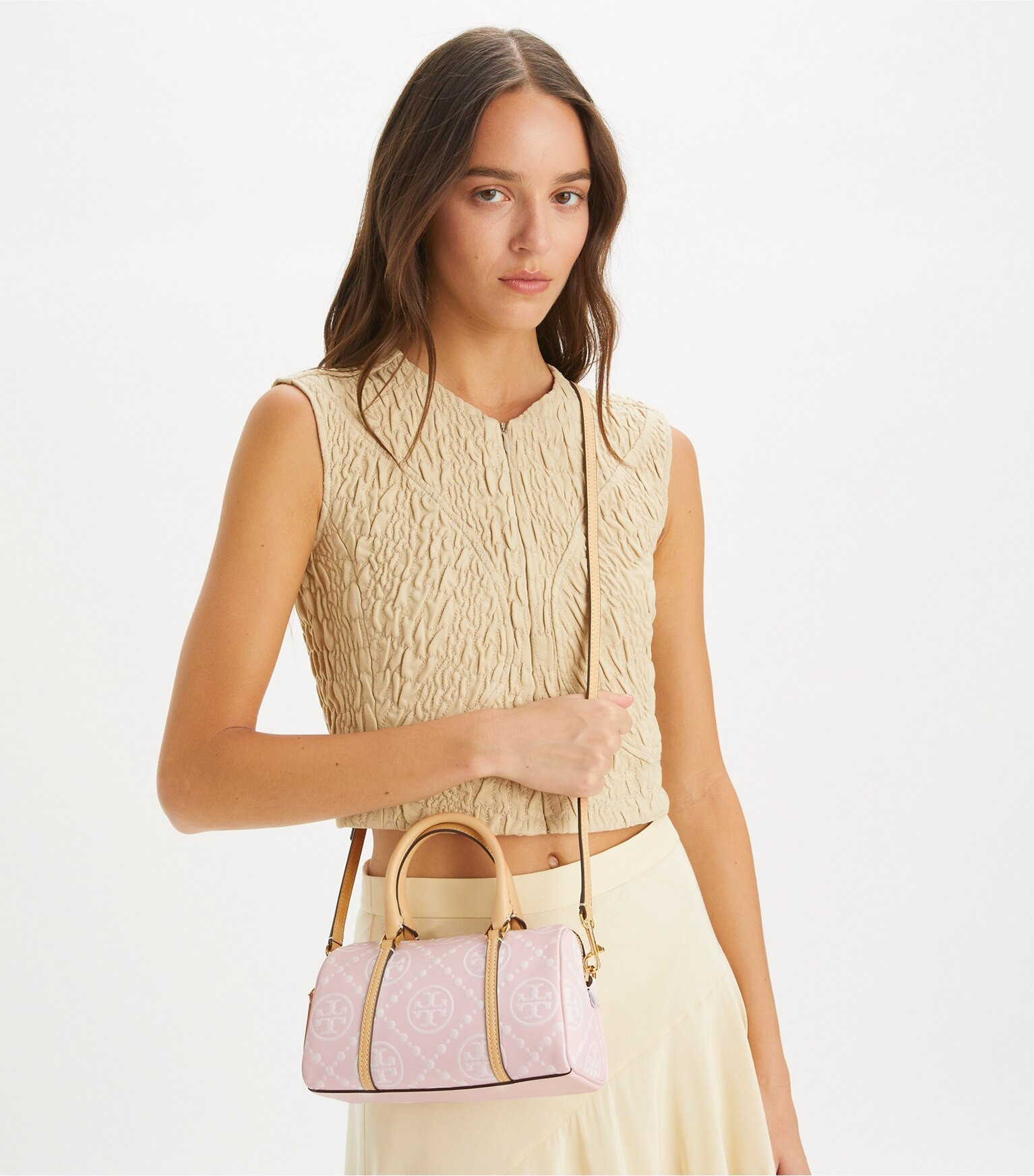 T MONOGRAM CONTRAST EMBOSSED PETITE BARREL BAG | Tory Burch (US)