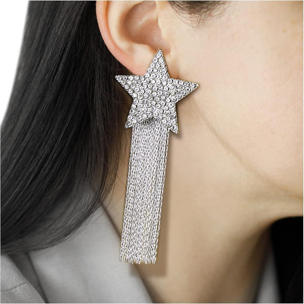 SmileBelle Silver Star Rhinestone Dangle Earrings for Concert Outfits, Sparkly Fringe Drop Earrin... | Amazon (US)