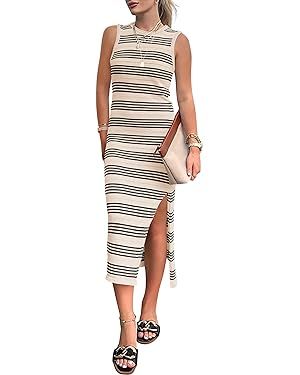 PRETTYGARDEN Women's Summer Bodycon Sundresses Casual Midi Sleeveless Hollow Out Knit Side Slit S... | Amazon (US)