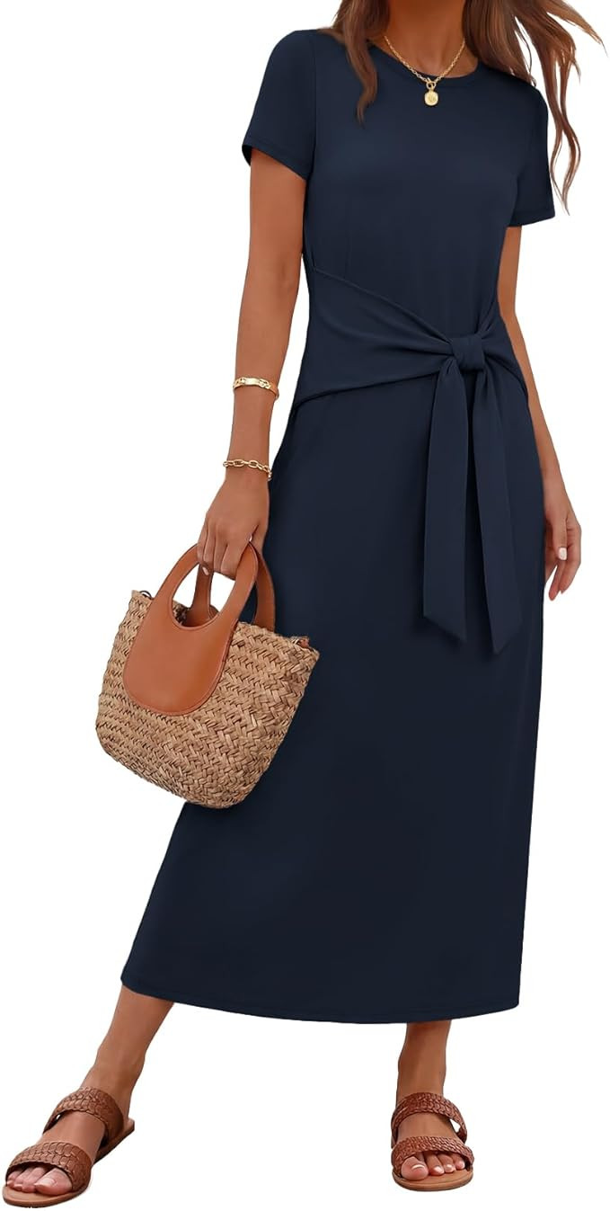 MEROKEETY Women's Summer Maxi Dresses 2026 Casual Spring Short Sleeve Tie Waist Work Beach Vacati... | Amazon (US)