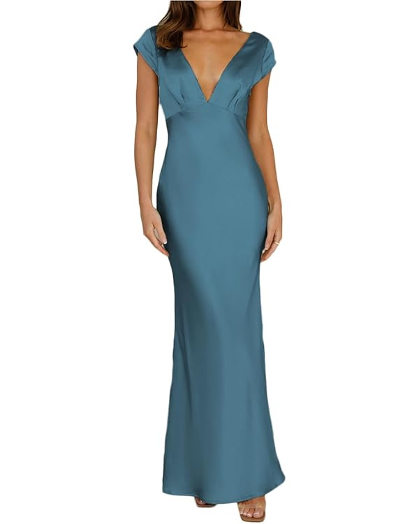 Halfisland Womens Summer Satin V Neck Cap Sleeve Backless Maxi Dress Elegant Twist Cut Out Midi D... | Amazon (US)