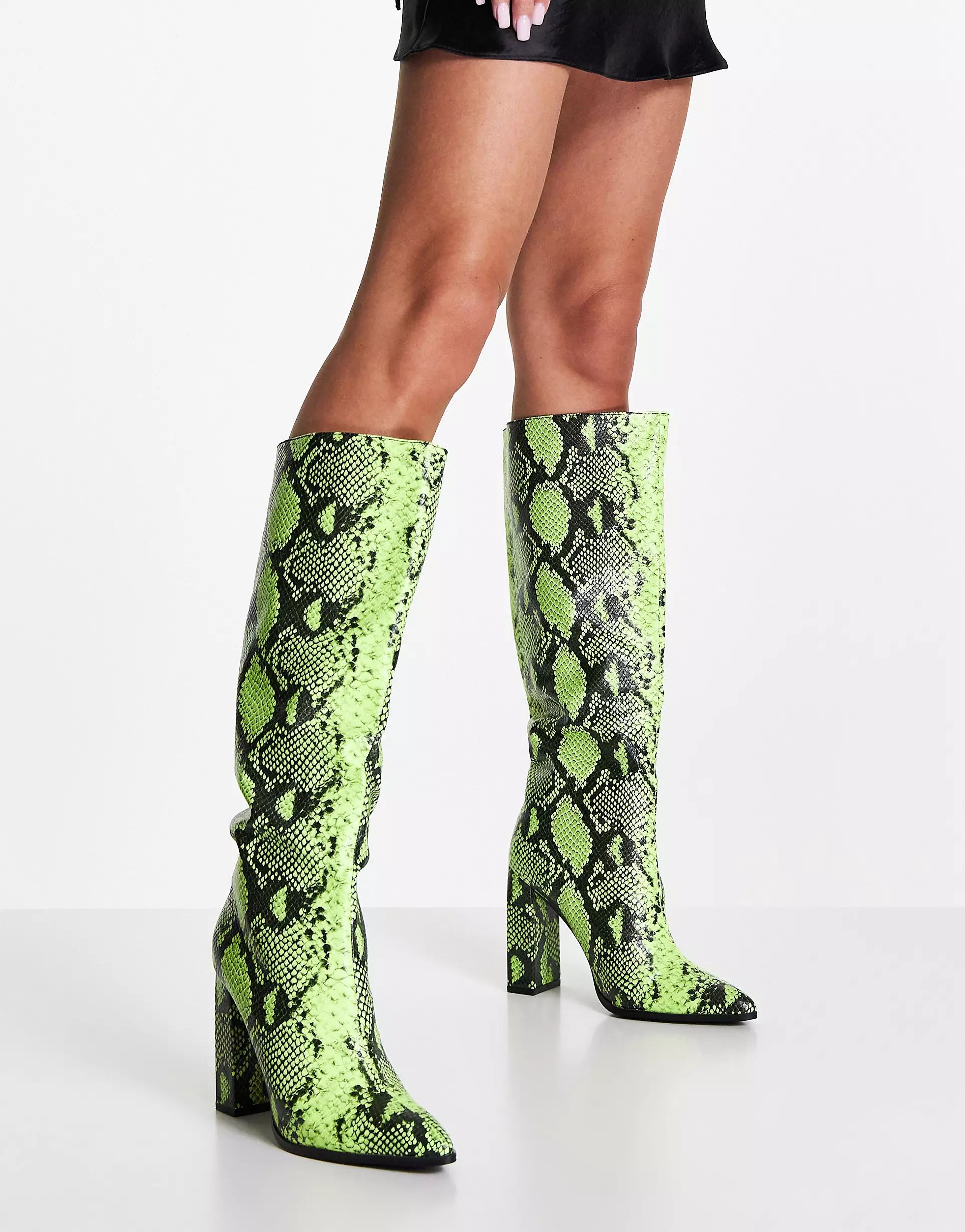 Public Desire Posie heel knee boots in lime snake print | ASOS | ASOS (Global)