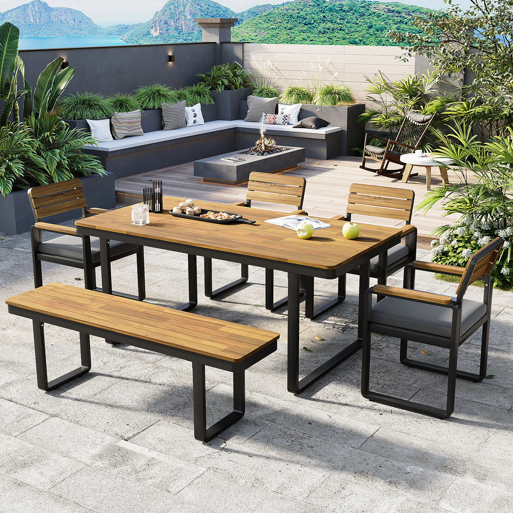 LOVMOR 6 Piece Patio Dining Set Outdoor Dining Set Gray Acacia Wood Rectangular Table with Steel Frame 4 Gray Cushioned Chairs and 1 Bench one_size | Lowe's