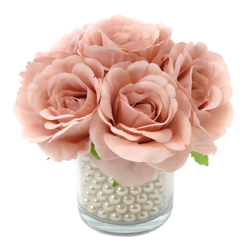 Pink Rose Bouquet in Glass Vase, 8" | At Home