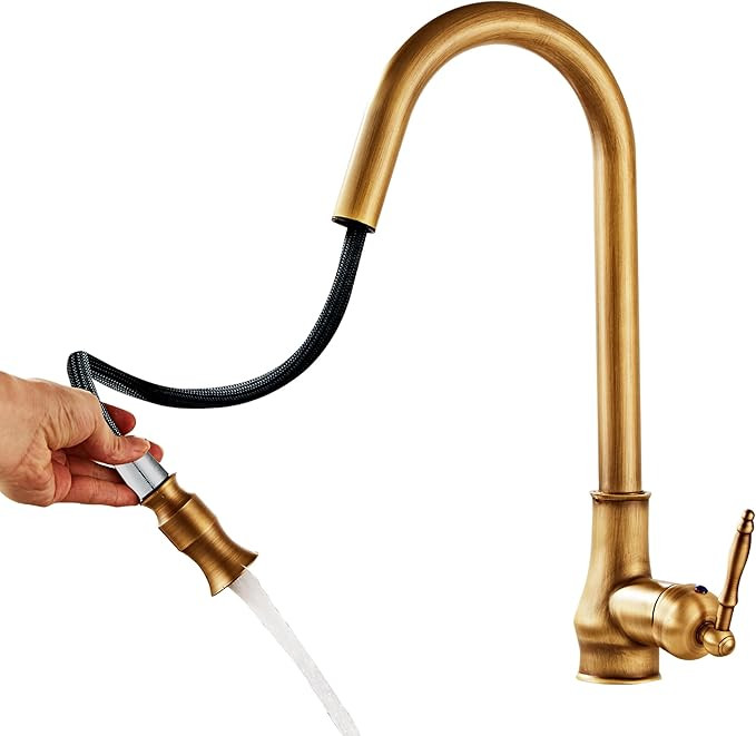 Vintage Brass Antique Bronze Kitchen Faucet,Single Hole Copper Widespread Mixer Taps with Pull Do... | Amazon (US)