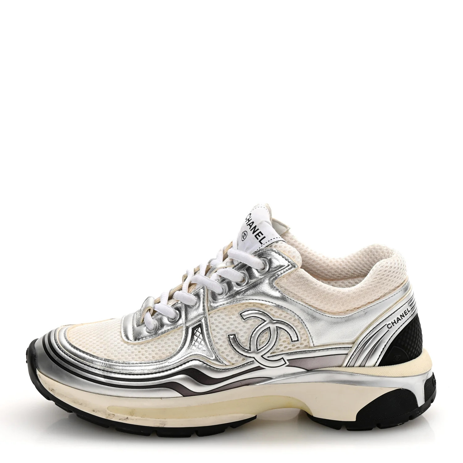 Fabric Laminated Calfskin Stretch CC Sneakers 37 White Silver | FASHIONPHILE (US)