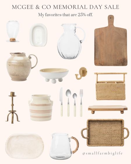 My favorites are 25% off during the McGee & Co Memorial Day sale! Wooden pedestal board. Liesl tray. Cream resin flatware set. Brass single hook. Wicker handle glass pitcher. White ball footed bowl. Striped crock. Brass taper candle holder. Rattan utensil caddy. Brown stoneware pitcher. Glass beverage pitcher. Glazed stoneware spoon rest. Wooden bread board. Glass match holder. Carved wooden tray  

#LTKFindsUnder50 #LTKSaleAlert #LTKHome