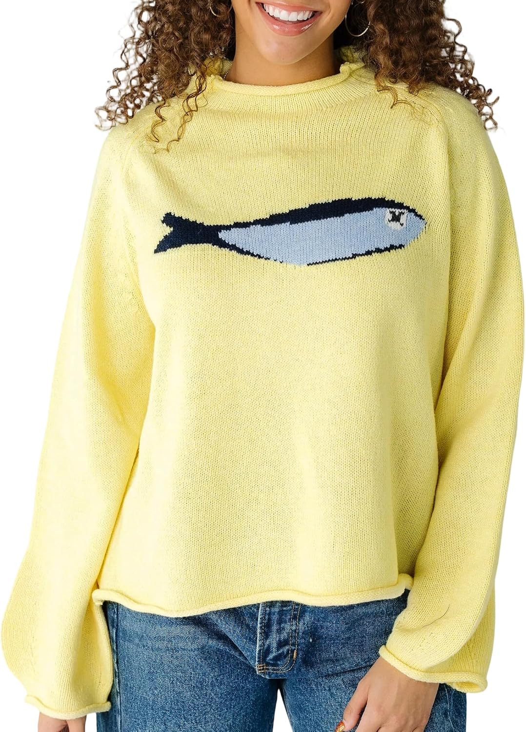 Women's Oversized Roll Neck Cute Animal Graphic Sweater Long Sleeve Chunky Knit Pullover Tops Casual Patterned Knitwear | Amazon (US)