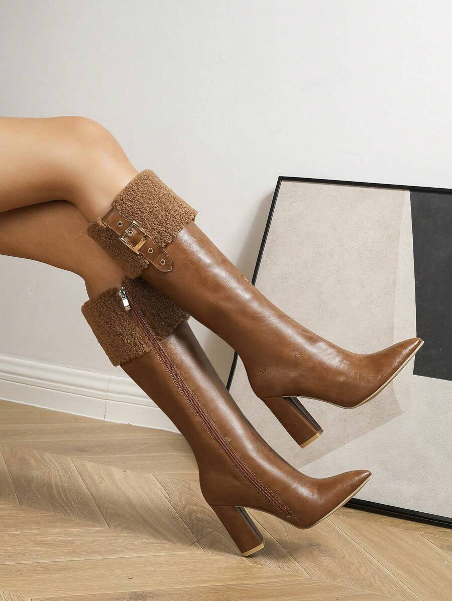 Women's Fashion PU Material Chunky Heel Mid-Calf Reversible Collar Bunny Fur Belt Buckle Boots Wi... | SHEIN