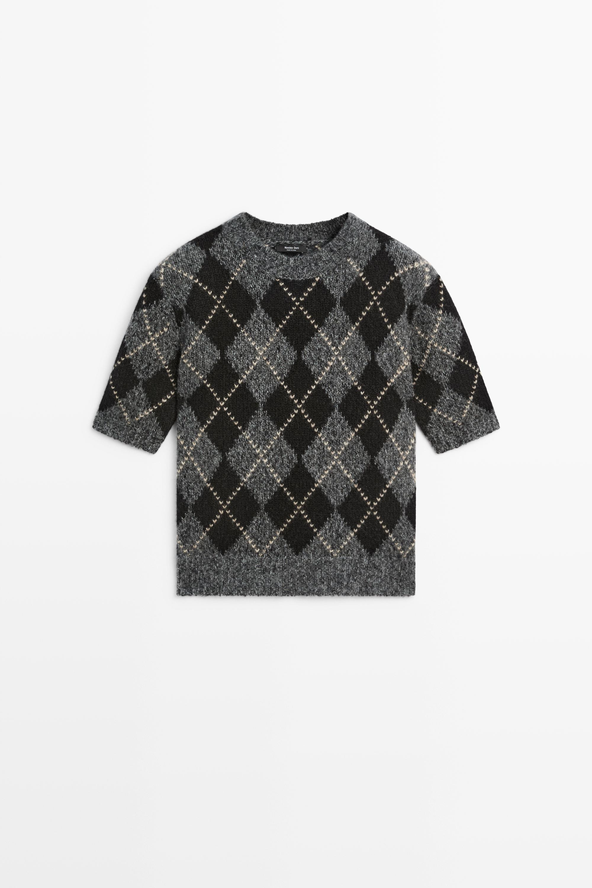 Cashmere-blend short sleeve argyle knit sweater - GREY | Massimo Dutti UK
