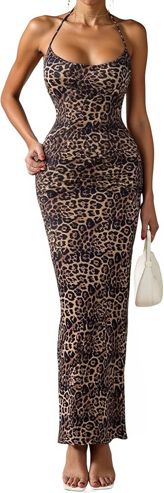 SOFIA'S CHOICE Cheetah Print Dress Leopard Halter Neck Long Tight Bodycon Spaghetti Strap Maxi Dr... | Amazon (US)