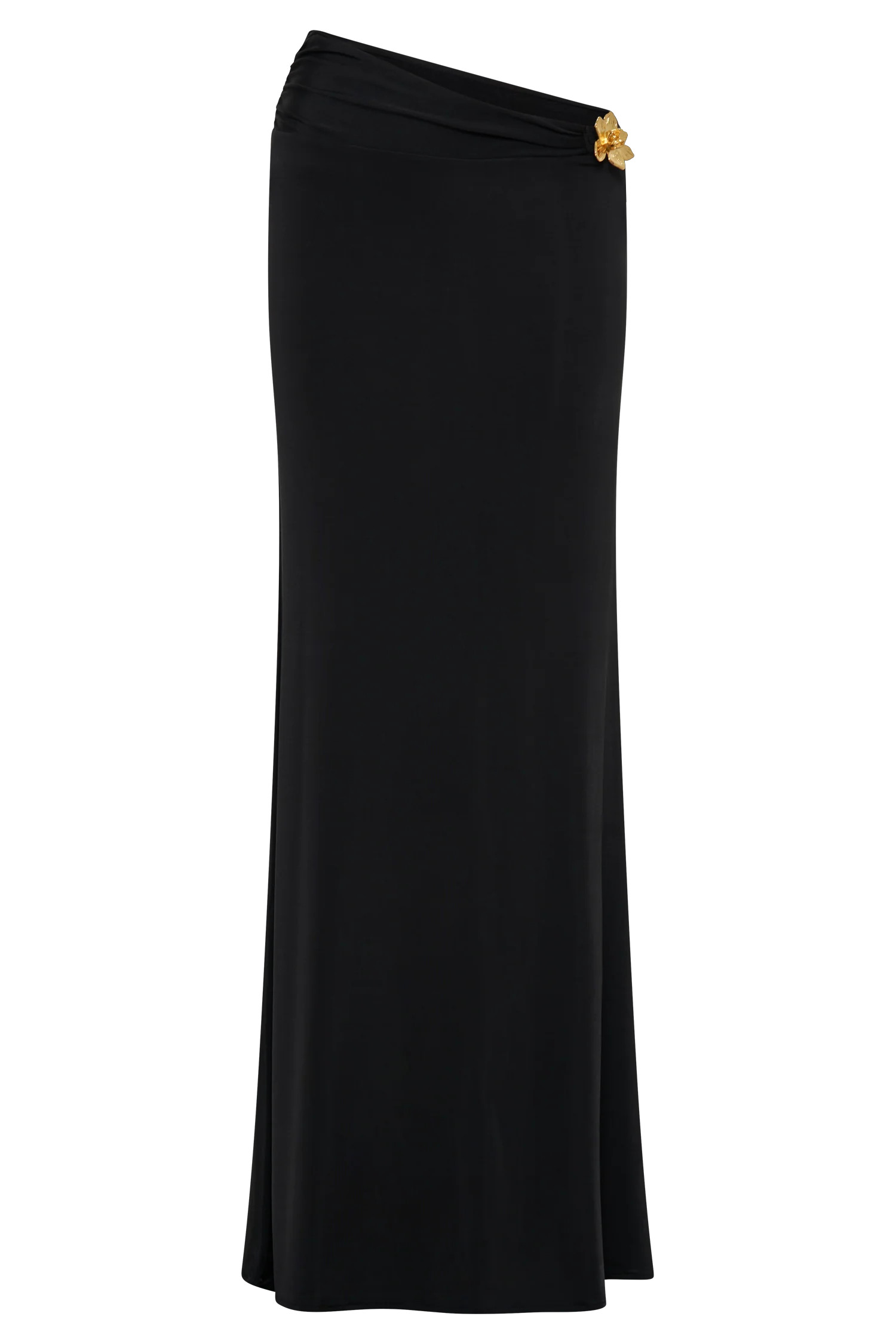 Ainsley Asymmetrical Maxi Skirt With Floral Hardware - Black | MESHKI US