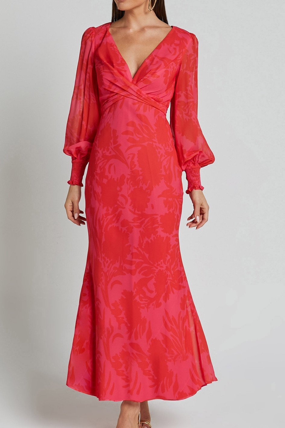 chinese dress ladies Long Sleeve Hot Pink Floral Midi Wedding Guest Dress M