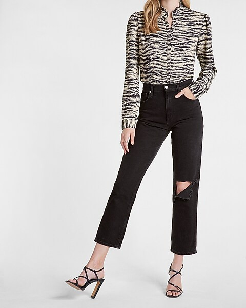 Abstract Zebra Print Ruffle Neck Portofino Shirt | Express