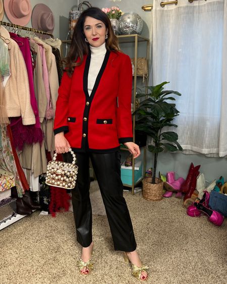 This blazer is the perfect piece for the holiday season…how gorgeous is that vibrant red? I was definitely inspired by princess Diana’s style when creating this look. The faux leather pants help to give the outfit some edge! 

#LTKHoliday #LTKstyletip #LTKunder100