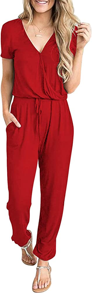 PRETTYGARDEN Women's Summer Casual Deep V Neck Short Sleeve Wrap Drawstring Waist Jumpsuit Romper | Amazon (US)