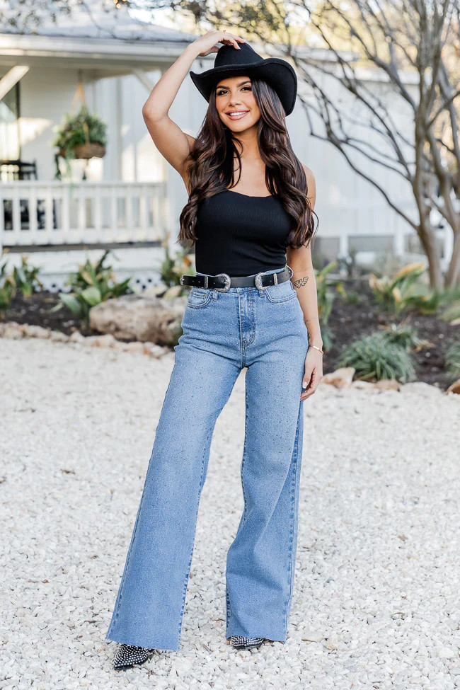 Kelsea Rhinestone Embellished Straight Leg Jeans | Pink Lily