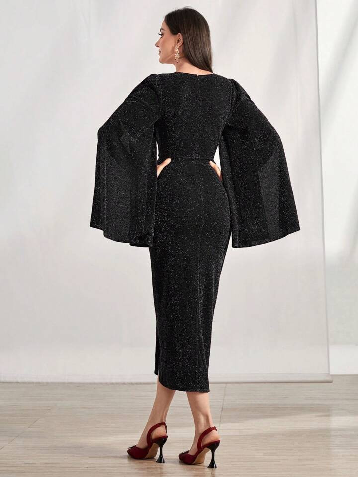 SHEIN Modely V Neck Split Sleeve Glitter Dress | SHEIN