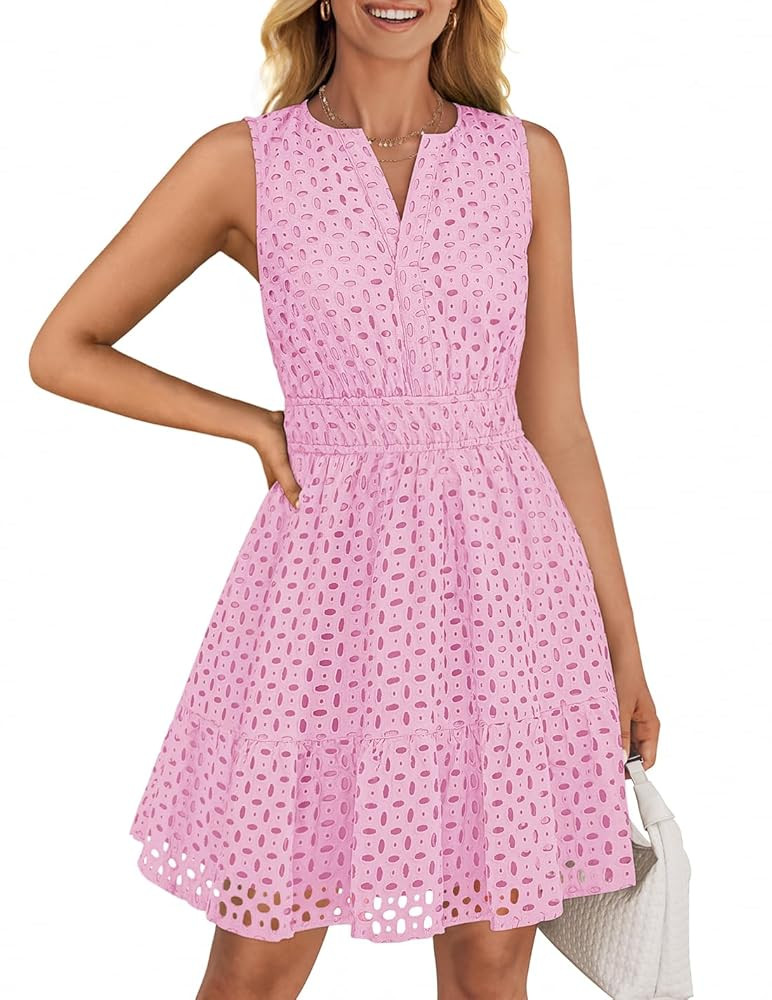 ZESICA Women's Summer Sleeveless Mini Dress V Neck Hollow Out Eyelet High Waist A Line Swing Shor... | Amazon (US)