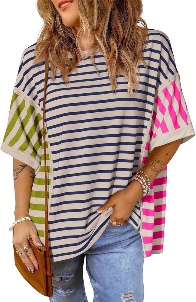 Tankaneo Womens Oversized Striped T-Shirts Color Block Short Sleeve Tee Tops Summer Casual High L... | Amazon (US)