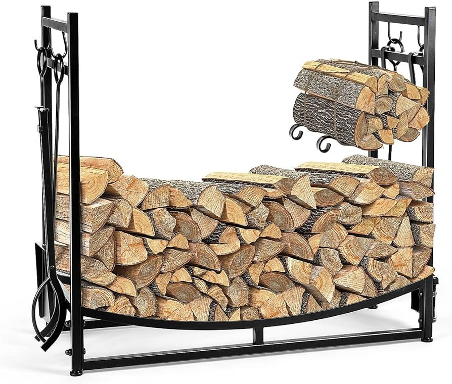 WBHome 3FT Heavy Duty Indoor Outdoor Firewood Storage Log Rack with 4 Tools - Includes Brush, Sho... | Amazon (US)