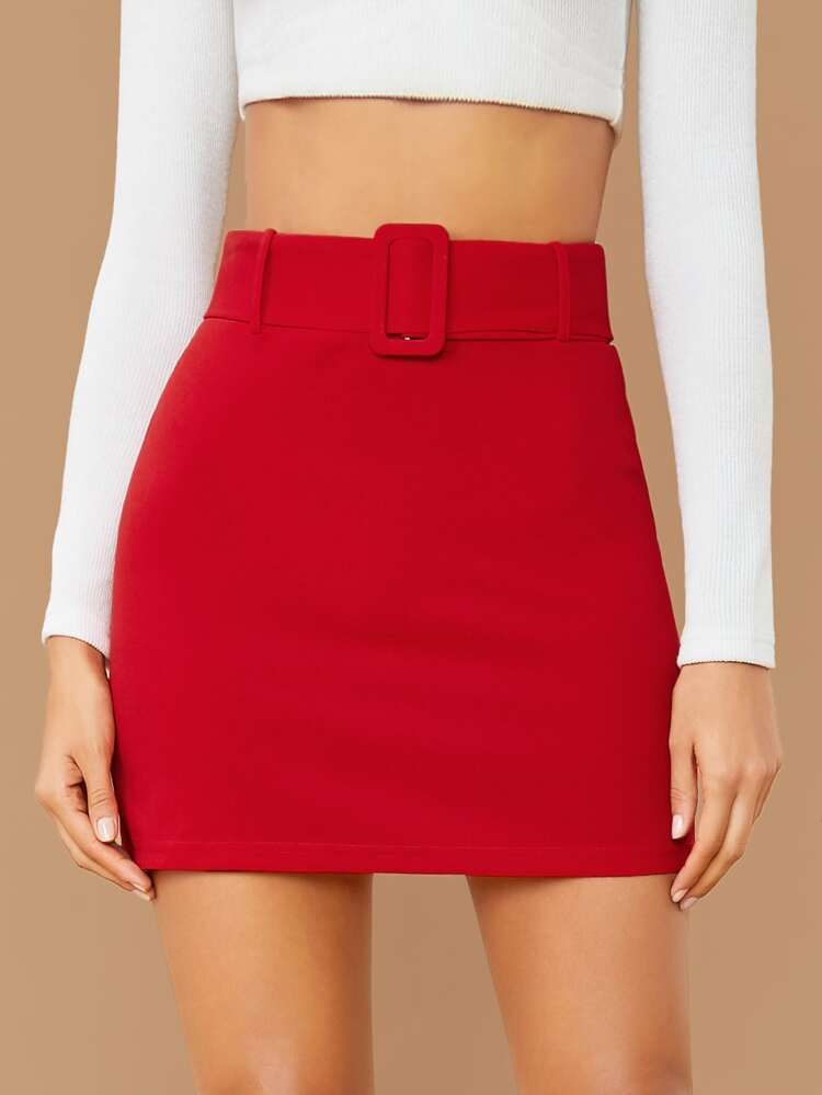 SHEIN Buckle Belted Solid Skirt | SHEIN