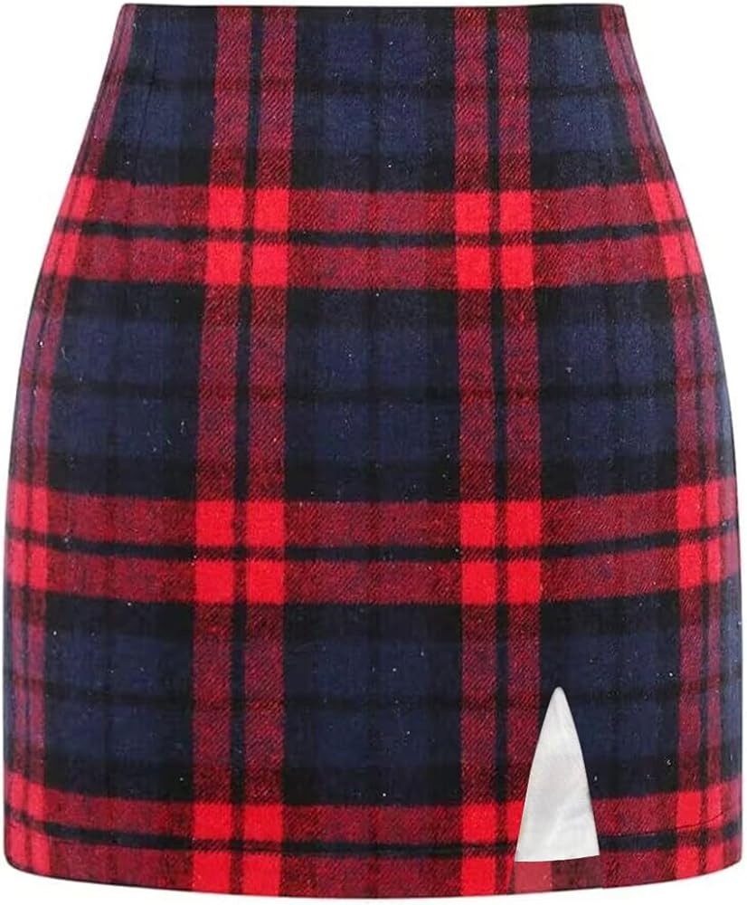 Plaid Mini Skirts for Womens High Waisted Fall Winter Wool Bodycon Pencil Skirts with Slit | Amazon (US)