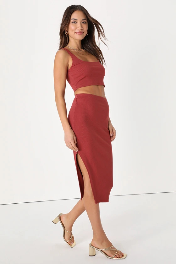 Set For Life Rust Red Ribbed Bodycon Two-Piece Dress | Lulus