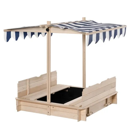 Outdoor Play Equipment Outsunny Wooden Kids Sandbox with Cover, Children Outdoor Sand Box with Foldable Bench Seats, Adjustable Canopy, Bottom Liner for Outdoor, Natural,Backyard Playset | Walmart (US)
