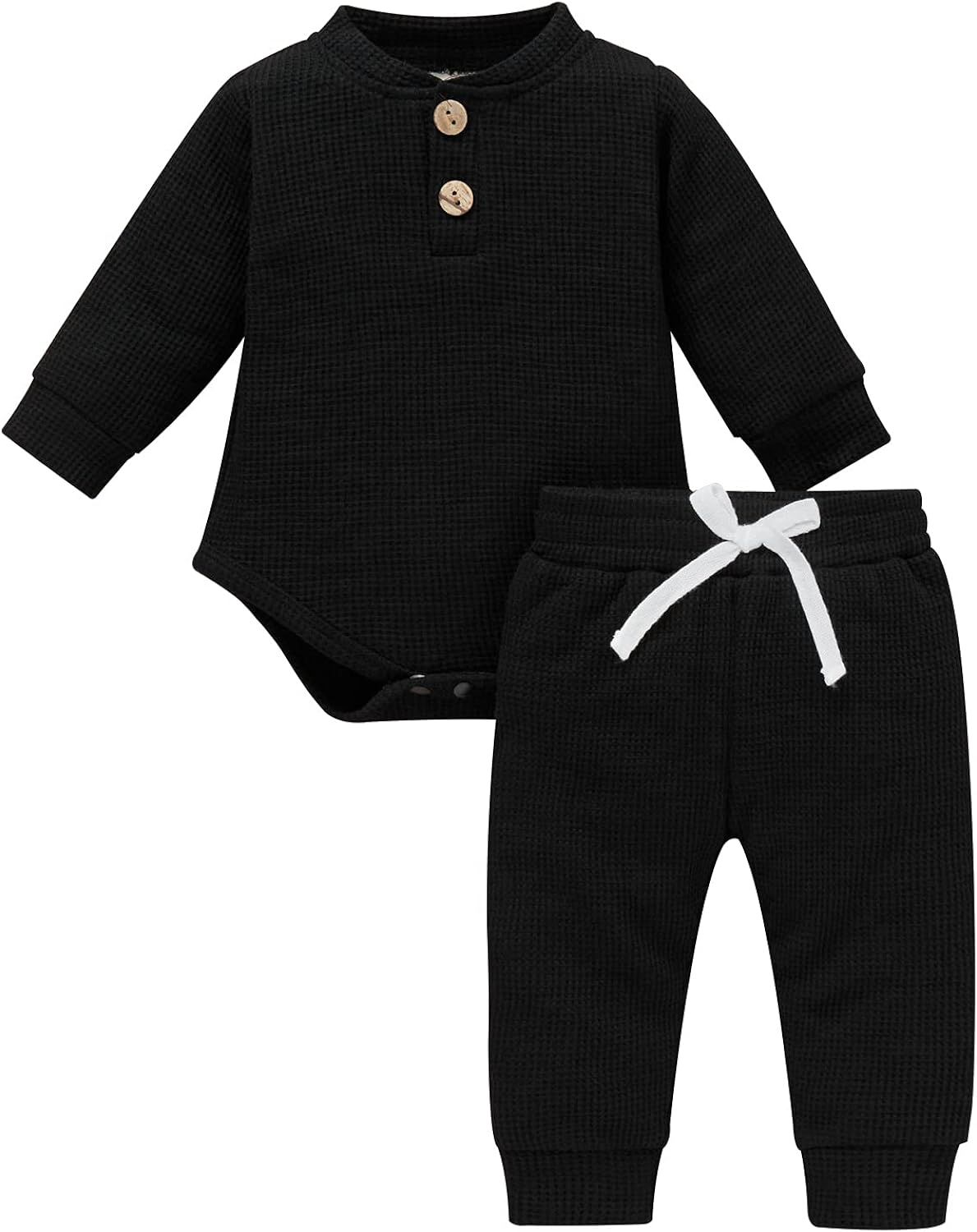 Fall Winter Newborn Baby Boy Girl Clothes Set Unisex Infant Solid Waffle Outfit Long Sleeve Butto... | Amazon (US)