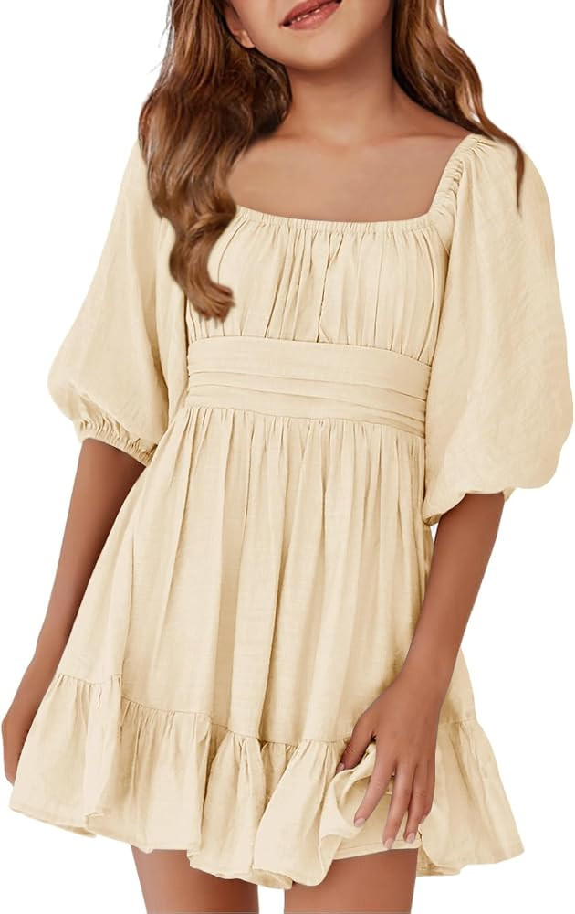 Girls Summer Dresses Square Neck Lantern Sleeve Tie Backless Ruffle A-Line Party Mini Dress | Amazon (US)