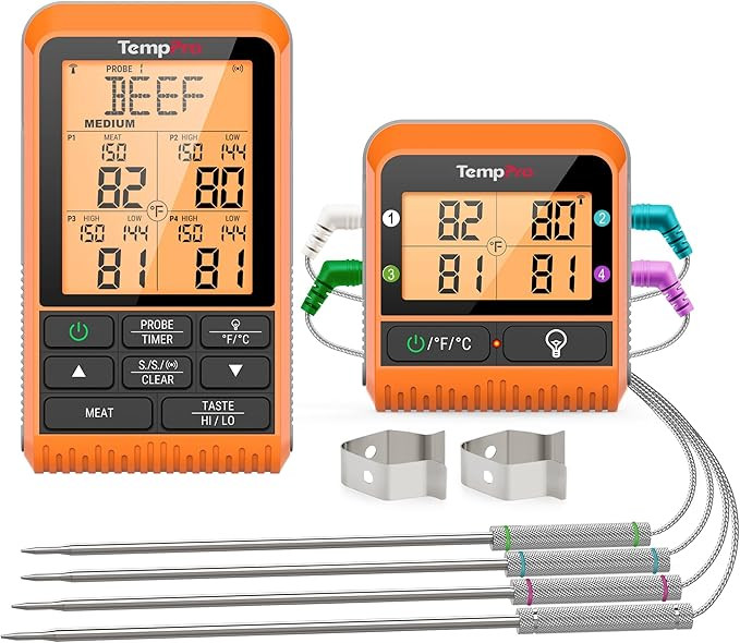 TempPro TP829 1000ft Wireless Meat Thermometer Digital for Grilling and Smoking, 4 Meat Probes Gr... | Amazon (US)