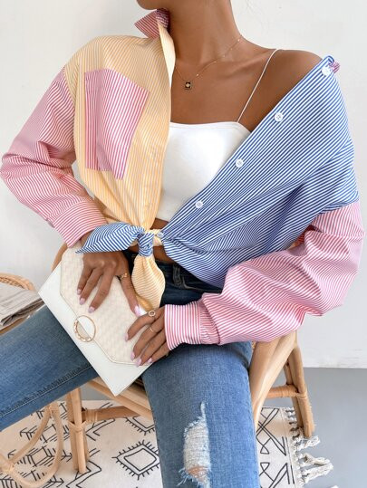 Colorblock & Striped Button Through Blouse | SHEIN