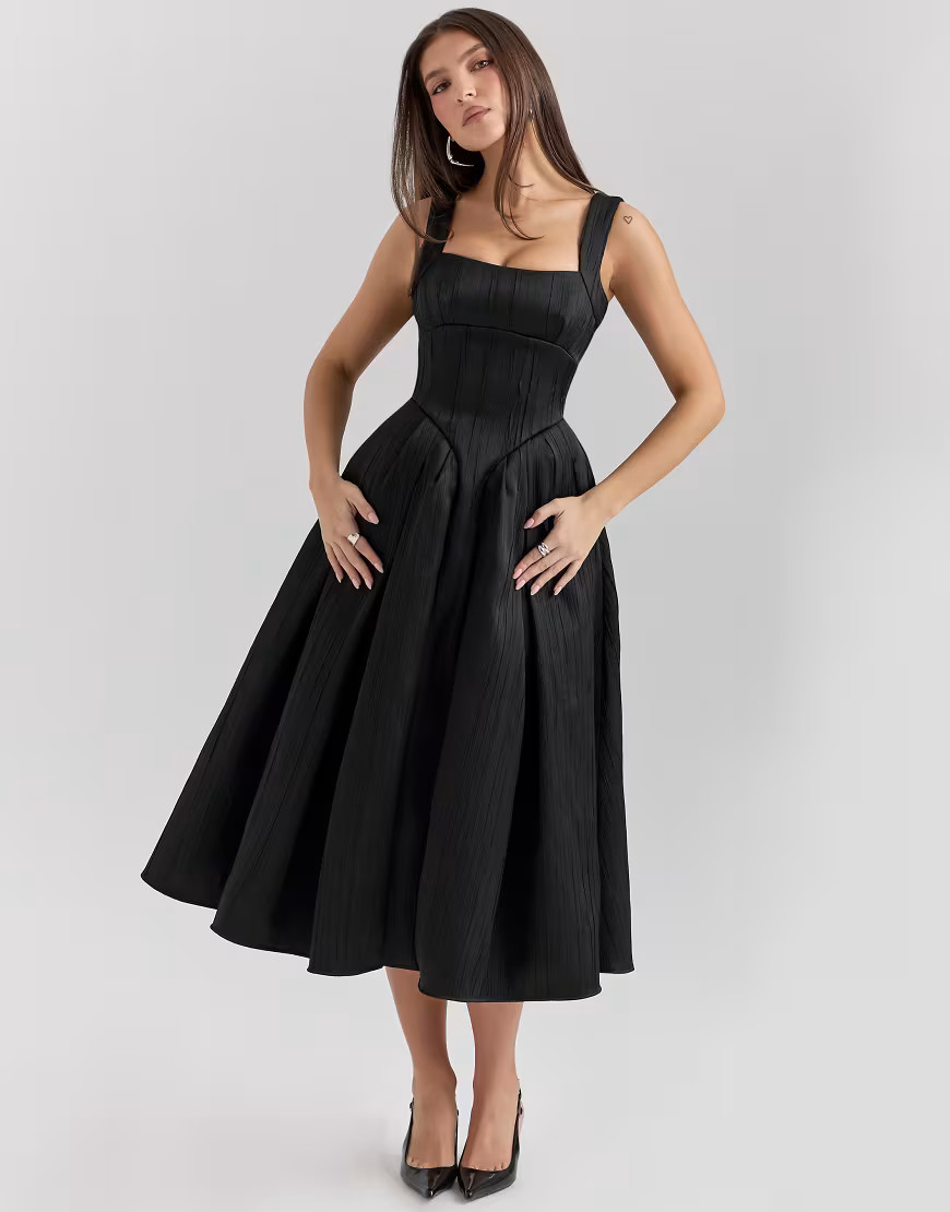 House of CB Isabeau satin corset midi dress in black | ASOS (Global)