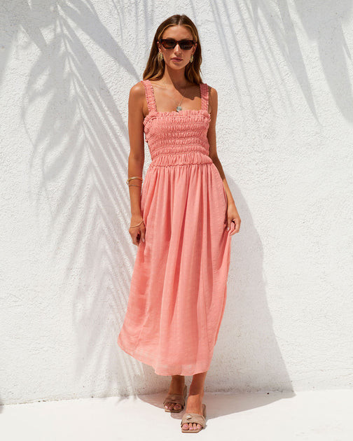 Watch Me Work Smocked Midi Dress - Coral - SALE | VICI