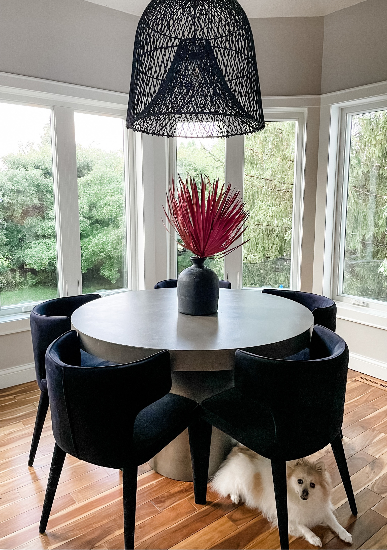 One of our favorite rooms in our home just got a major lighting upgrade! ✨I have swooned over this @cb2 pendant forever, and it just came out in black. 🖤 I love the Earth + texture it adds to our sculptural velvet chairs and cement table for a just-right juxtaposition. Bonus: the shadows it casts on the ceiling give total vacation vibes! 🌅

Linking our pieces, plus a few other beauties that emulate this world; beautiful, functional and SO comfortable. Family friendly + Mika approved! 🐾