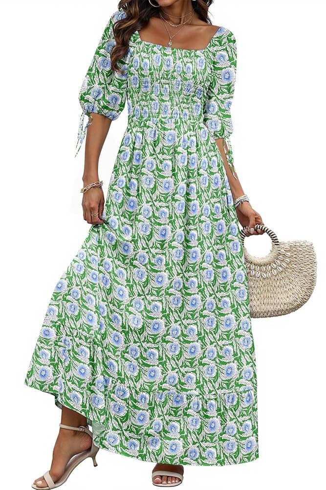 Women Boho Maxi Dresses Summer 2025 Puff Sleeve Square Neck Smocked Aline Casual Ruffle Tiered Fl... | Amazon (US)