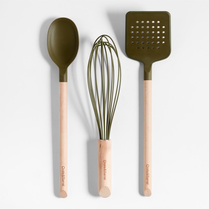 Marin Desert Green Silicone and Wood Utensils | Crate & Barrel | Crate & Barrel