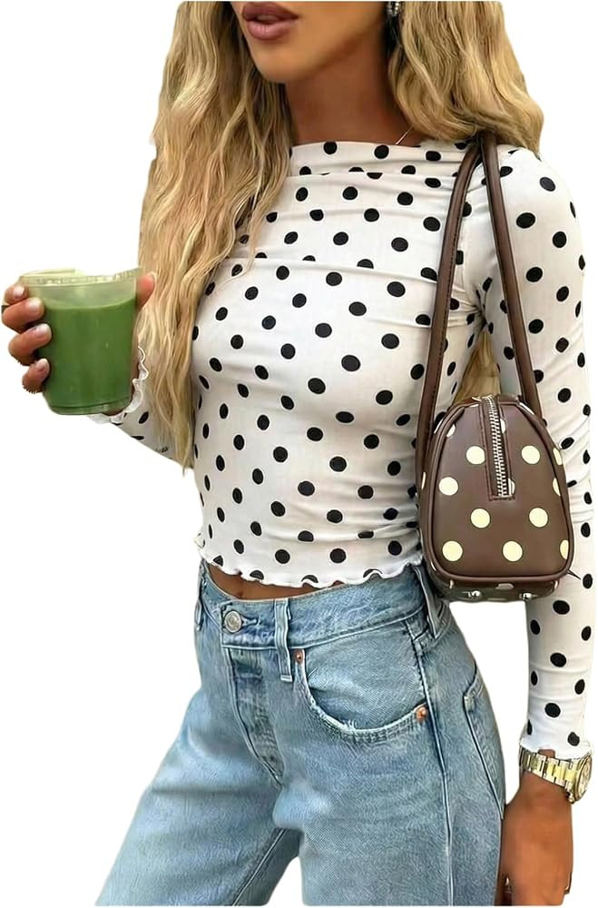 MakeMeChic Women's Y2k Polka Dots Top Boat Neck Long Sleeve Ruffle Hem Cute Summer Going Out Tops | Amazon (US)