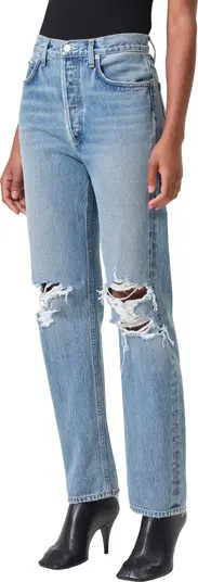 '90s Pinch Waist Ripped High Waist Straight Leg Jeans | Nordstrom