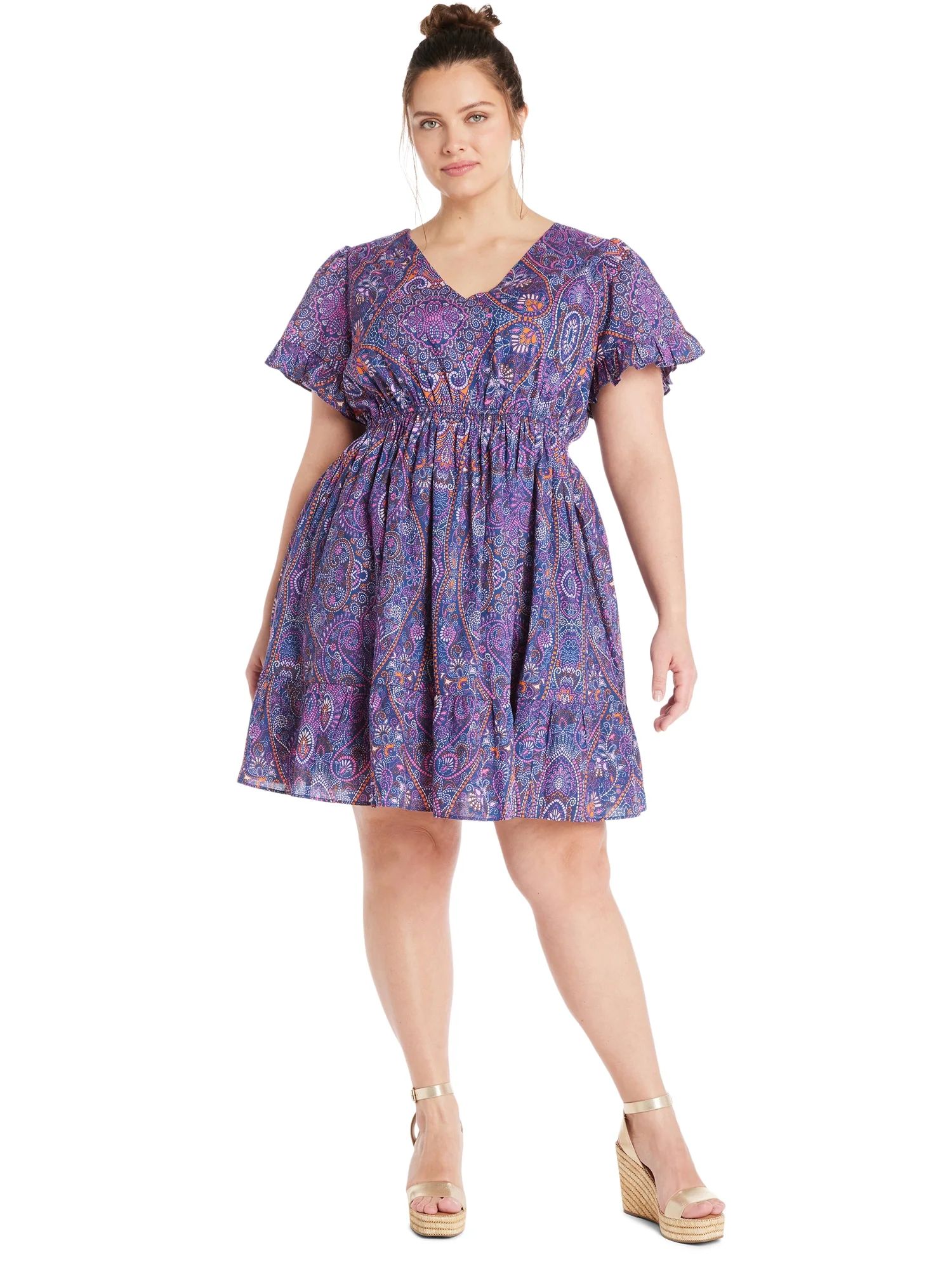 Terra & Sky Women's Plus Size Cotton V-Neck Woven Dress with Short Sleeves, Sizes 0X-5X | Walmart (US)