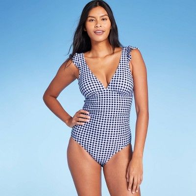 Women&#39;s Ruffle Gingham High Coverage One Piece Swimsuit - Kona Sol&#8482; Blue S | Target
