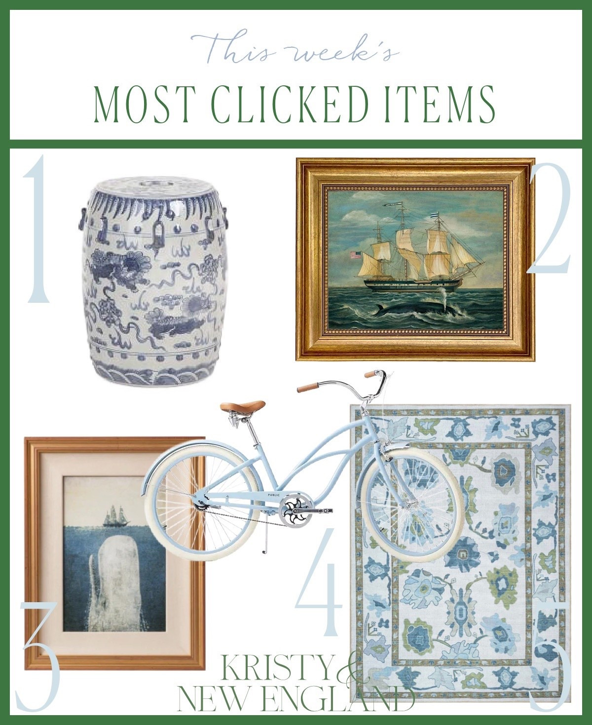 Most popular chinoiserie garden stool, nautical art, whale & ship framed art, beach cruiser bicycle, oushak green & blue rug 

#LTKHome