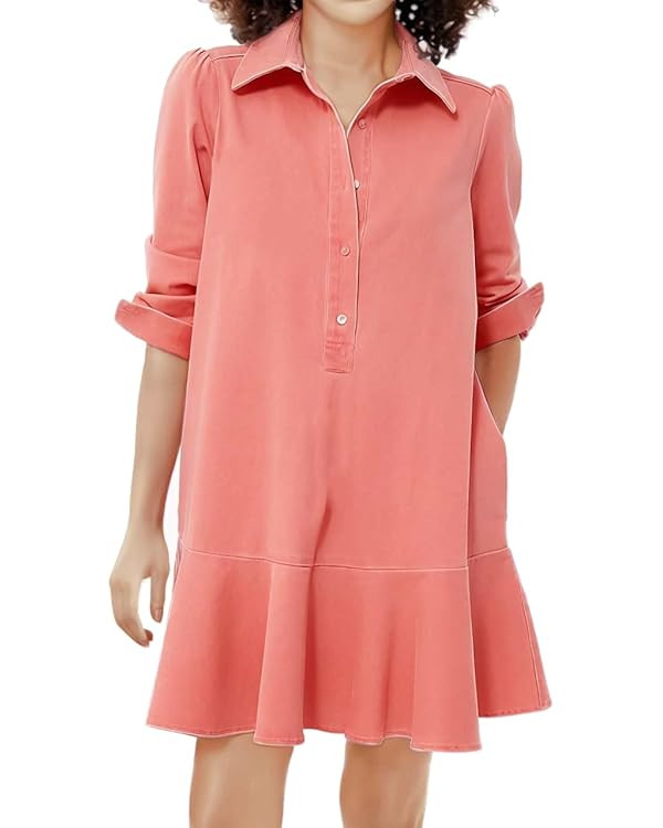Women's Long Sleeve Denim Shirt Dress Button Down Ruffle Flowy Collared Mini Shift Drop Waist Jea... | Amazon (US)