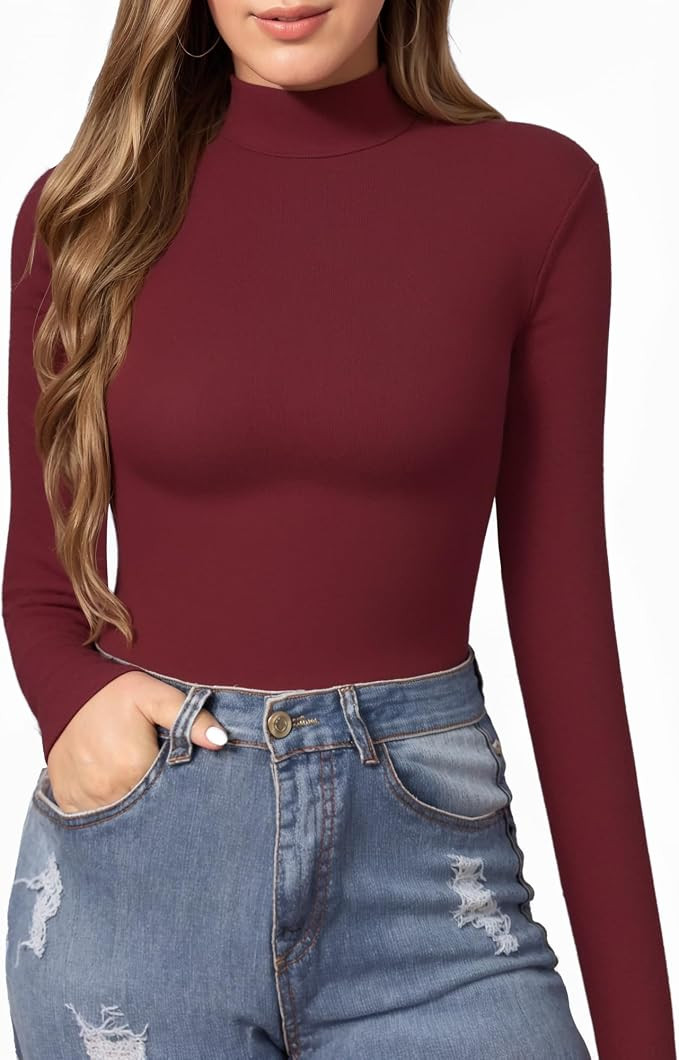 MANGOPOP Women's Mock Turtle Neck Slim Fit Long Half Short Sleeve T Shirt Tight Tops Tee | Amazon (US)